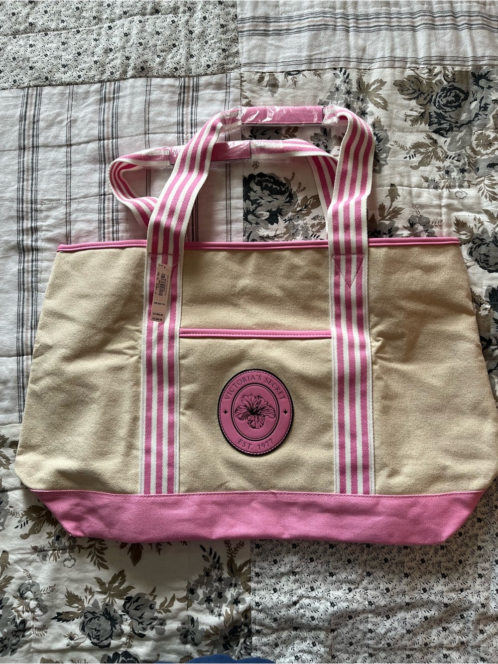 Victoria's Secret Cream Canvas Tote with Pink Accents